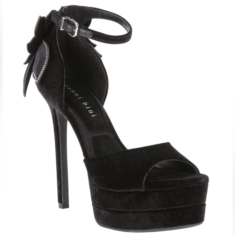 GIANNI BINI Karmello Velvet Flower Ankle Strap Black Platform Heels